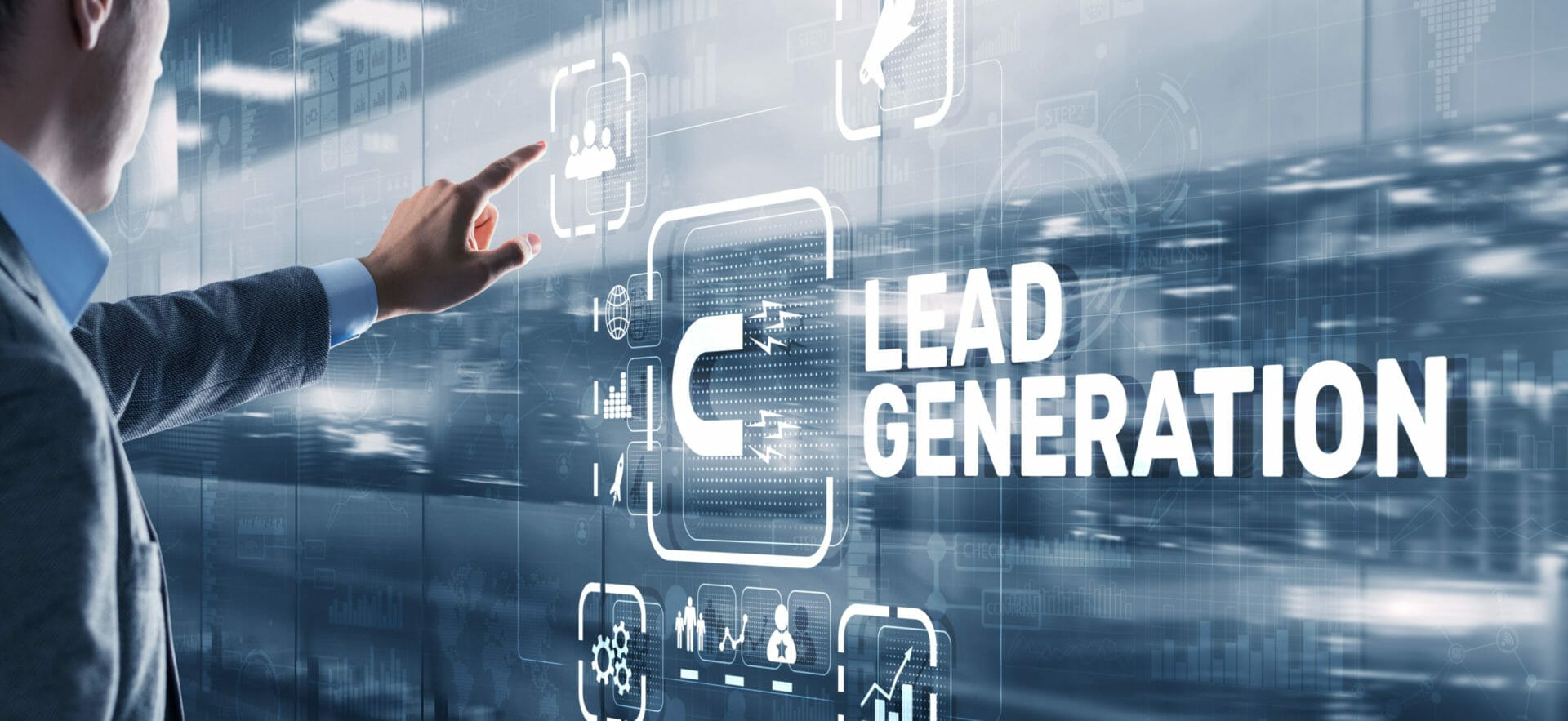 Photo with hand pointing to glass board with Lead Generation written on it